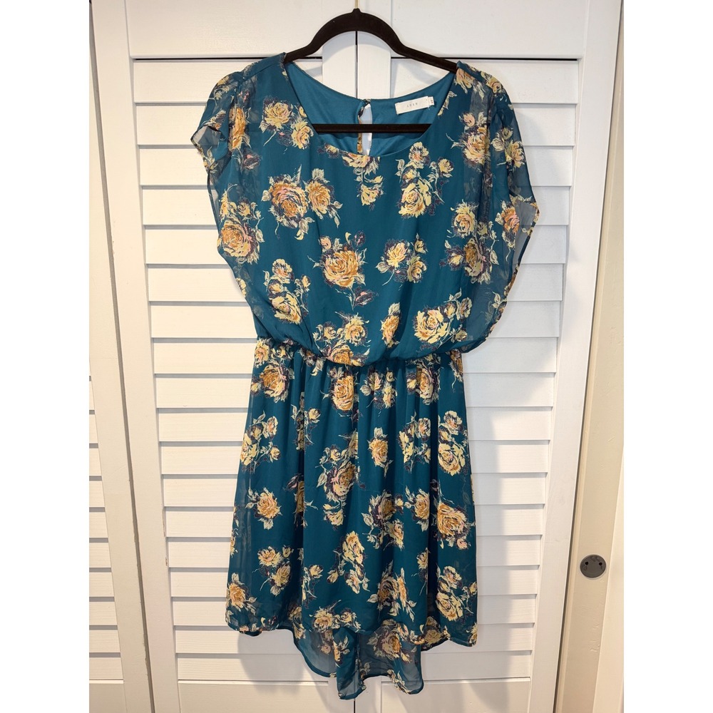 Lush Floral Chiffon Dress L Keyhole Back Elastic Waist Flowing Dress